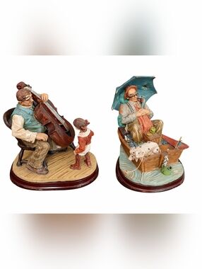 Hand-Painted Folk Art Figurine Pair in Teal, Brown & Rust Vintage